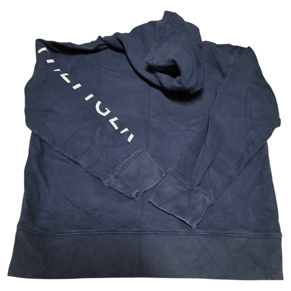 Tommy Hilfiger Mens Medium Navy Blue Hoodie Fleece Spell Out Sleeve Logo Classic